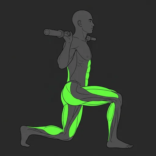 Barbell Walking Lunge: bottom of lunge, rear knee near ground