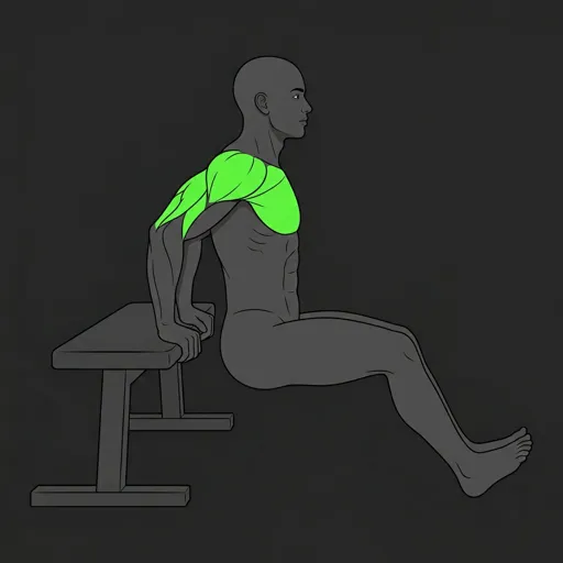 Bench Dips: bottom position, elbows bent to 90 degrees