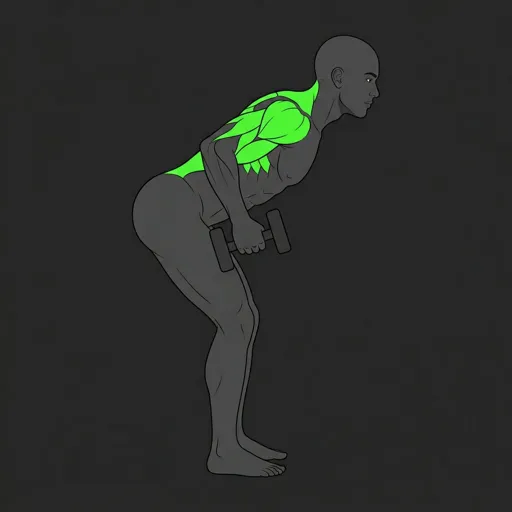 Bent Over Dumbbell Row: top position, dumbbells rowed to sides