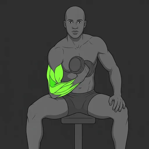 Concentration Curl: top position, dumbbell curled to shoulder
