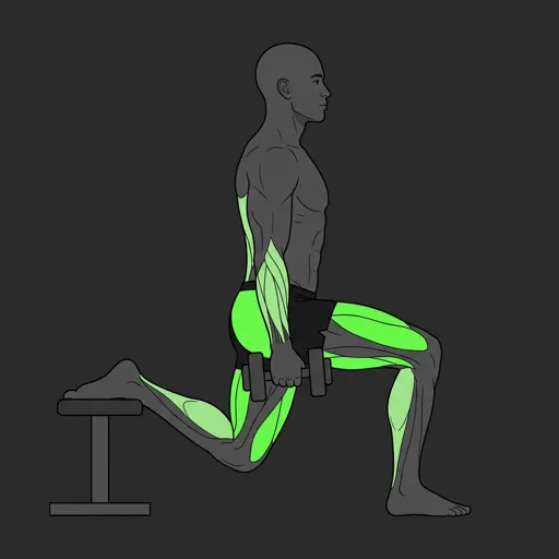 Dumbbell Bulgarian Split Squat: deep lunge, front thigh at parallel