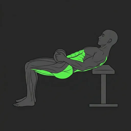 Dumbbell Hip Thrust: top position, hips fully extended torso parallel to floor