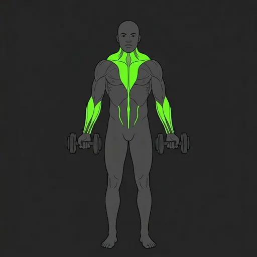 Dumbbell Shrug: top position, shoulders elevated toward ears