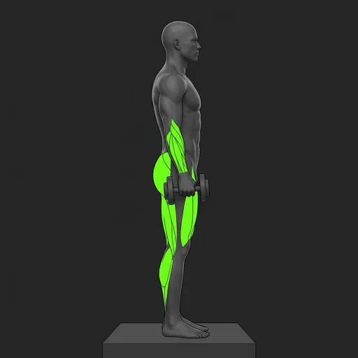 Dumbbell Step Ups: top position, standing on platform