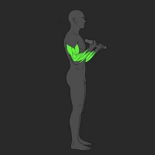EZ Bar Curl: top position, bar curled to shoulder level