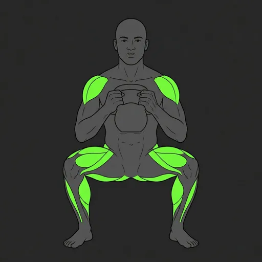 Goblet Squat: bottom position, deep squat with elbows inside knees