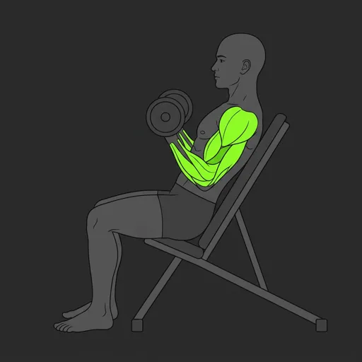 Incline Dumbbell Curl: top position, dumbbells curled to shoulder level