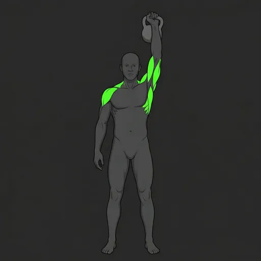 Kettlebell Arnold Press: top position, arm fully extended with palm facing forward