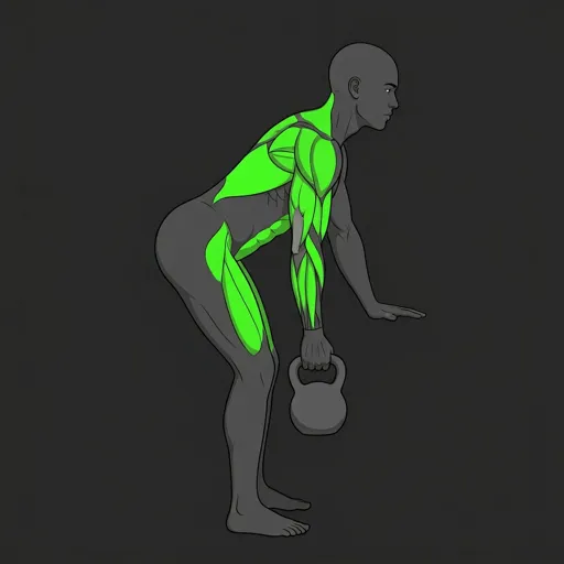 Kettlebell Single Arm Row: contracted position, kettlebell rowed to hip