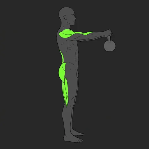 Kettlebell Swing: top position, kettlebell at chest height with hips fully extended