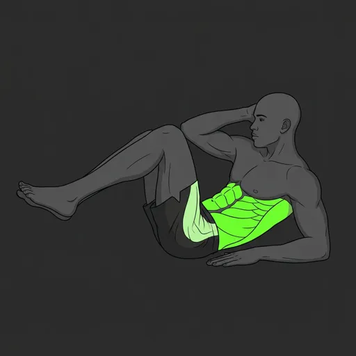 Oblique Crunch: crunched and rotated, elbow to opposite knee