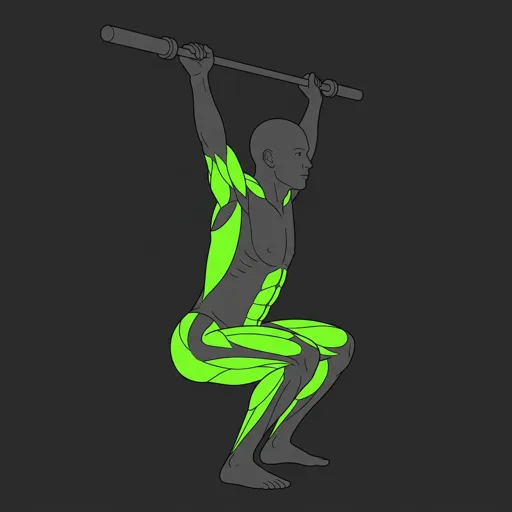 Overhead Squat: bottom position, thighs parallel with bar overhead
