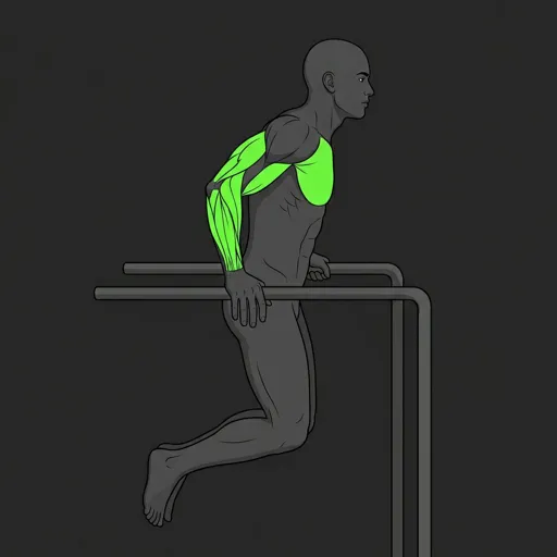 Parallel Bar Dips: bottom position, elbows past 90 degrees