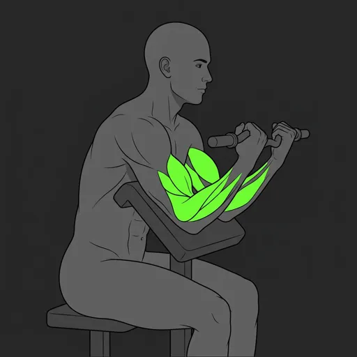 Preacher Curl: top position, EZ bar curled to shoulder height