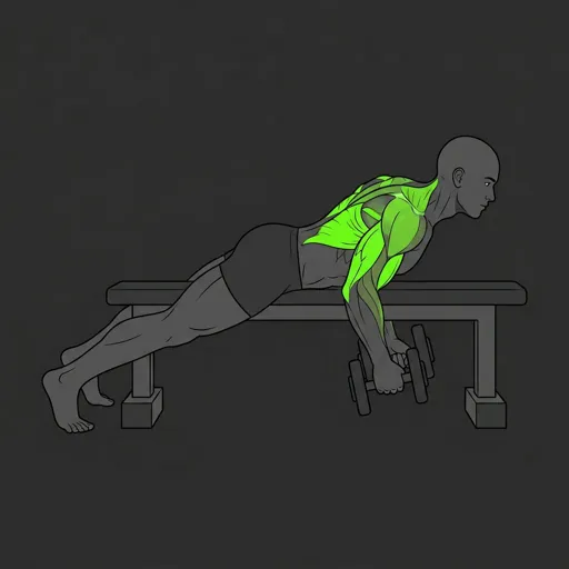 Seal Row: contracted position, dumbbells rowed to bench level