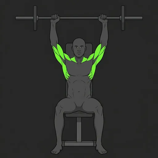 Seated Barbell Military Press: barbell pressed to full lockout overhead