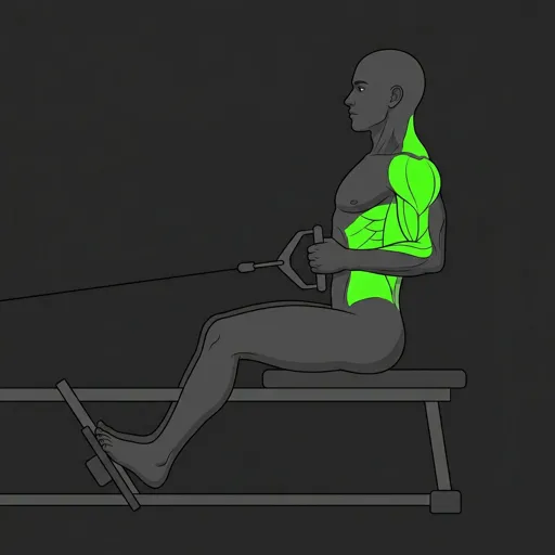 Seated Cable Row: top position, V-bar pulled to abdomen