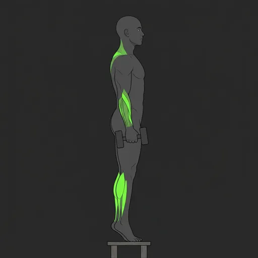 Standing Dumbbell Calf Raise: heels raised, peak contraction