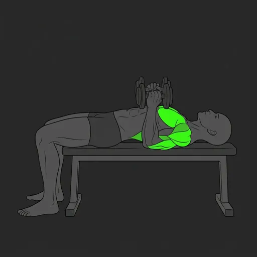 Tate Press: bottom position, dumbbells touching upper chest
