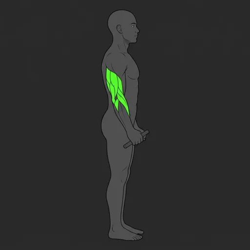 Triceps Pushdown: end position, arms fully extended