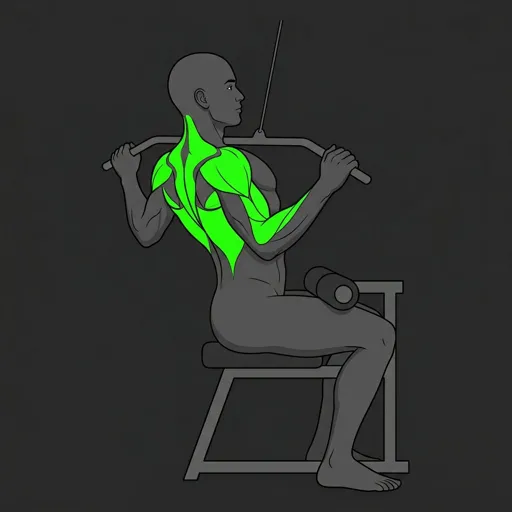 Lat Pulldown: contracted position, bar at upper chest